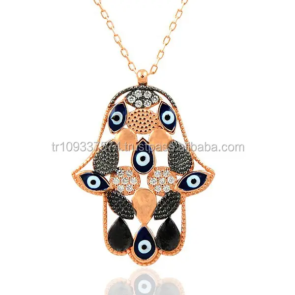 Rosa 925K Sterling Argento Mano di Fatima Hamsa Dello Smalto Della Collana Dell'occhio Diabolico