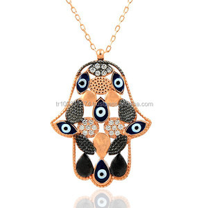 Rose 925K Sterling Silver Fatima <b>Hand</b> <b>Hamsa</b> Enamel Evil Eye <b>Necklace</b> - Product Image 1