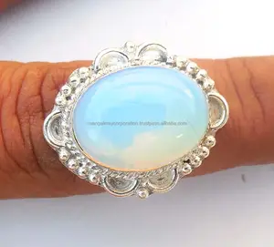 Anel de pedra de quartzo opalita formato oval, joia da moda, joia com moldura de prata 925, tamanho 15 mm, joia para anel de promessa