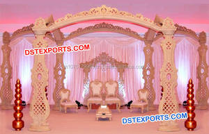 Mandap de madera hecho a mano con diseño de pavo real tradicional para bodas tallado pesado de madera natural decoraciones de boda - Product Image 5