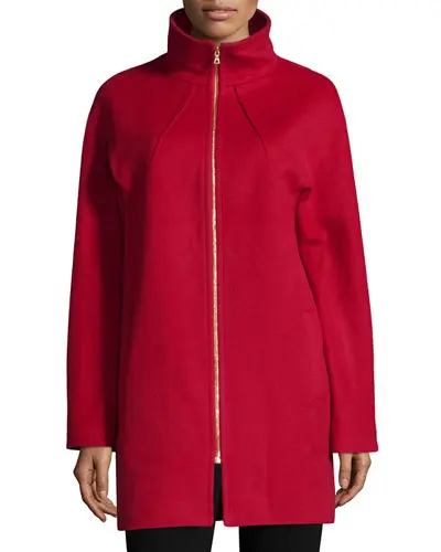 Zip-Front Wool Jacket Trench Coat long winter cost over hip length inside silk red color over coat