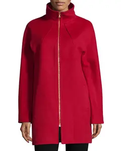 Zip-Front Wool Jacket Trench Coat long winter cost over hip length inside silk red color over coat