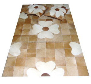 Customized Hair on Cowhide Leather Carpet and <b>Cushion</b> <b>Cover</b> Set FWR0053 Embroidered Floral Cotton Leather Carpet Set - Product Image 1