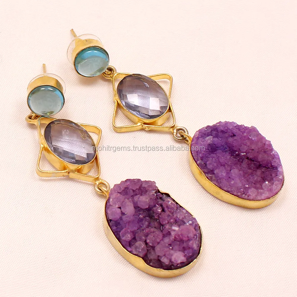 Light Blue Glass Along with Purple Pear Shape Sugar Agate Vintage Beautiful Earring