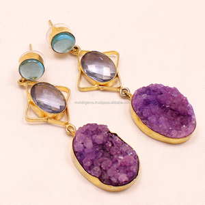 Pendientes de aro de ágata de azúcar en forma de pera púrpura de cristal azul claro de aleación hermosa Vintage para regalos de fiestas de boda de cuarzo - Product Image 1
