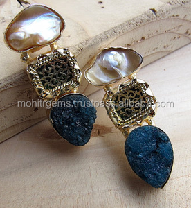 Belle déclaration Vintage mode boucles d'oreilles goutte en forme de poire Agate sur perle Tewa élégant Vintage déclaration bijoux - Product Image 1