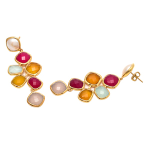 Boucles d'oreilles pour femmes en argent sterling 925 faites à la main, plaquées or massif, forme coussin, multi-pierres précieuses, pendantes, classiques, certifiées par une tierce partie - Product Image 2