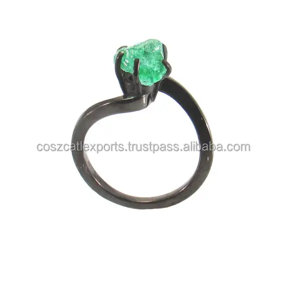 Raw Rough Uncut Emerald Anniversary Engagement Black Gold Ring