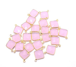 Vintage chapado en oro 12x12mm cuadrado Rosa Calcedonia facetado ágata piedra de nacimiento hecho a mano Boho solo doble fianza conector joyería - Product Image 1