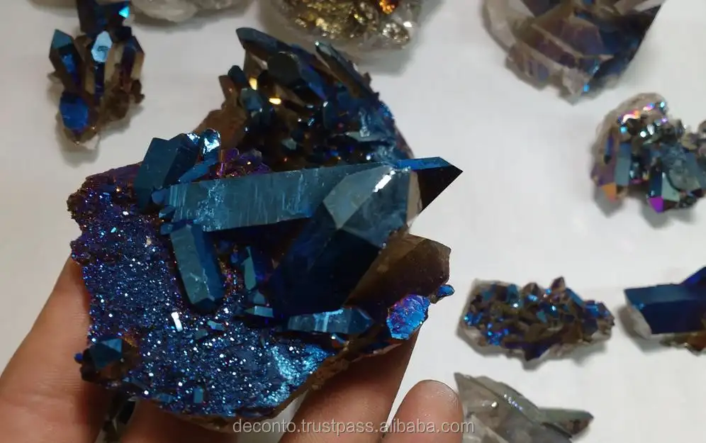 Mavi kobalt titanyum alev Aura kristal küme, mavi kobalt titanyum Aura kuvars kristal küme, titanyum Aura kuvars