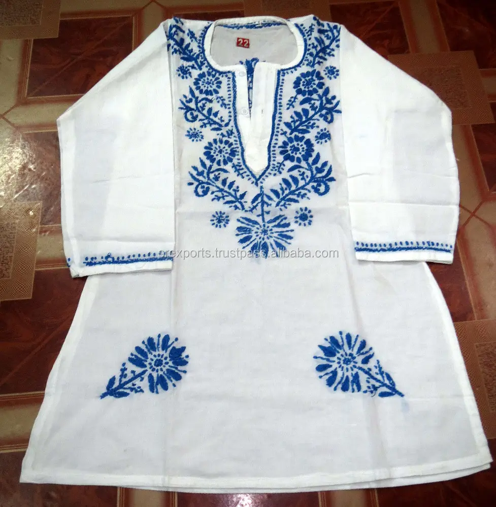 Indiase Handgemaakte Hand Geborduurd Katoen Kurtis Tuniek Top Kids Blouse Kip Luckhnowi Kurti