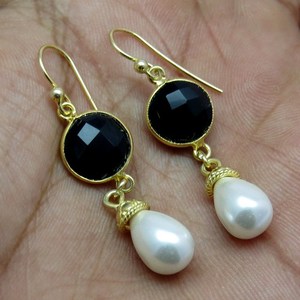 Superbe perle _ boucles d'oreilles en argent Sterling 925 Onyx noir, bijoux en argent avec pierres précieuses - Product Image 6