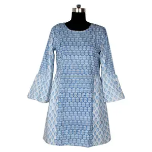 全棉手工块印刷Kurti刷手上衣/平易近族服装/印度服装Kurti