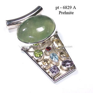 Pierre précieuse de couleur Prehnite naturelle, pendentif en argent pur fait à la main pour femmes, bijoux - Product Image 1