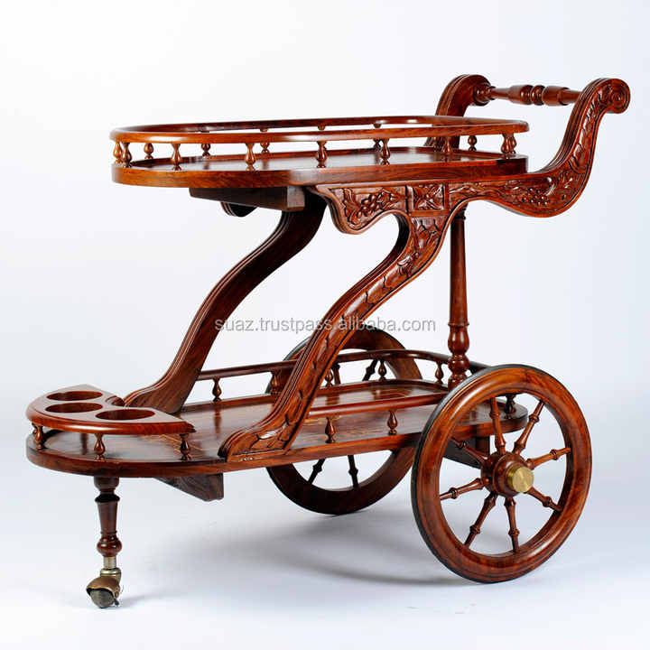 Antique Tea Trolley Carving Tea Cart, Handmade Carved Trolley , Serving Wooden Food Trolley
