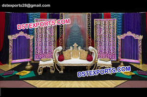 Muslim <b>Wedding</b> Golden Stage Set <b>Wedding</b> Stage With Golden Fiber Pillars Asian <b>Wedding</b> Stage With <b>Lighted</b> Backdrop - Product Image 2