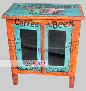 Reclaimed Wooden <b>Poster</b> Hand Painted Kitchen Cabinet Living Room Storage Cabinet with 2Glass <b>Door</b> Handcrafted For Hotel Interior - Product Image 5