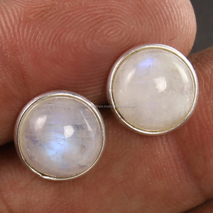RAINBOW MOONSTONE 925 plata esterlina sólida forma redonda lindo conjunto de bisel Natural junio nacimiento piedras preciosas Stud pendientes joyería fina - Product Image 2
