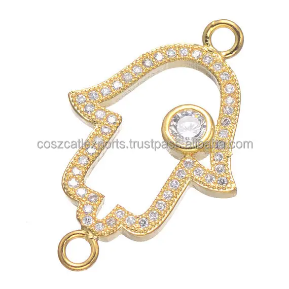Connecteur de pavé Cz avec breloque Hamsa, pour fabrication de collier, main de fatma, en cristal, Diy, bricolage, pièces