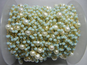 NanPlanetSilver GBC Amazonite with Pearl <b>Silver</b> Plated <b>Wire</b> Gemstone Beaded Chain - Product Image 3