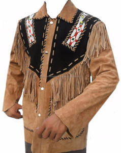 Shemax Western Leather <b>Jacket</b> Brown with Black Patch Fringed & Beads - Product Image 3