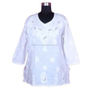 DR166 Women's Handmade Indian Cotton Tunic <b>Dress</b> Chicken Embroidered Lucknowi Chikankari Kurti <b>White</b> <b>Shirt</b> for Parties - Product Image 1