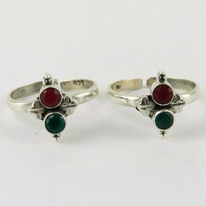 Lovely Red Onyx & Green Onyx Gemstone Sterling Silver <b>Toe</b> <b>Rings</b> Bohemia Style Bezel Setting Shri Ashapura Jewels - Product Image 2