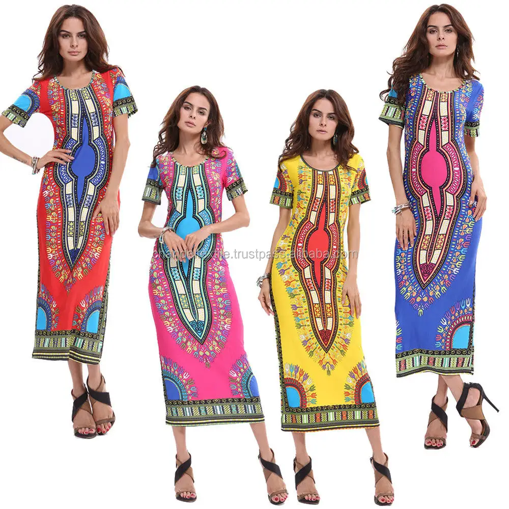 Dashiki africano Dashiki Africano Tradicional Impresso Bodycon Vestido Das Mulheres Vestido Longo de ALGODÃO de Manga Curta imprimir Dashiki