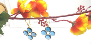 Handmade Silver Hoop <b>Earring</b> with <b>Blue</b> <b>Topaz</b> Gemstone Diamond Faceted Cut Gold Plating Trendy Round Shape Beautiful Gift for Her - Product Image 5