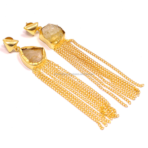 Boucles d'oreilles à pampilles uniques plaquées or 22 carats, pierre de quartz brute, alliage élégant, fiançailles, fêtes, mariages, anniversaires pour femmes - Product Image 2