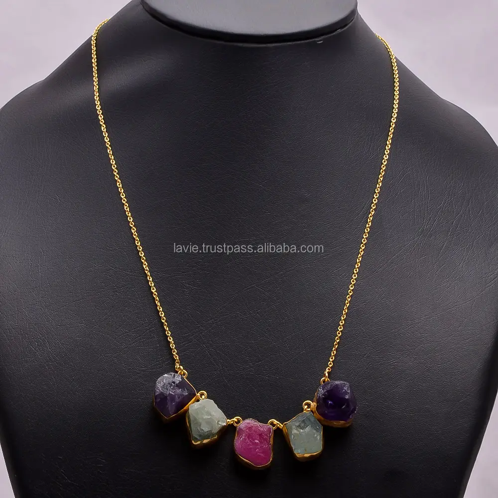 Amethyst ruby aquamarine gemstone brass necklaces real brass flash gold plated jewelry bulk wholesale necklaces jewelry