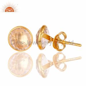 Designer Rose Quartz Gemstone Studs <b>Gold</b> Vermeil Silver <b>Earring</b> Manufacturer of Designer girls jewelry Vintage Collection - Product Image 2