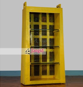 Indian Solid Wooden Yellow Hand <b>Painted</b> Decorative Display Showpiece with 3 Glass Shelf Furniture for Living Room Hotel - Product Image 3
