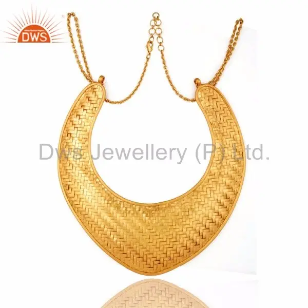 22K Yellow Gold Plated Brass Wire Woven Mesh Designs Statement Bib Necklace