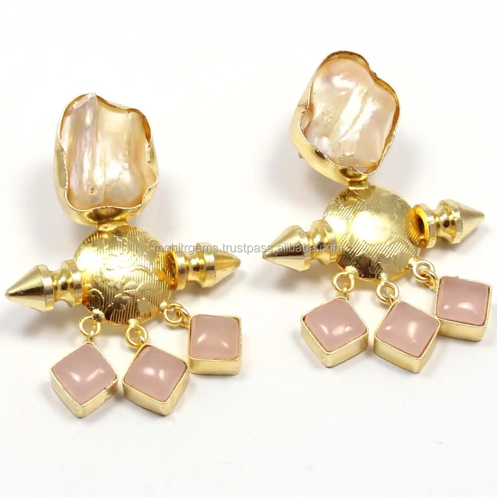Blister Pearl With Rose Quartz Stone Bullet Vintage Jewelry Earrings