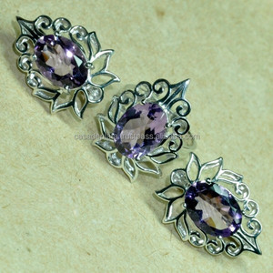 Pierre précieuse améthyste coupe ovale 925 argent sterling boucle d'oreille pendentif ensemble de bijoux à la mode ensemble de bijoux à la mode pour cadeau de mariage. - Product Image 1