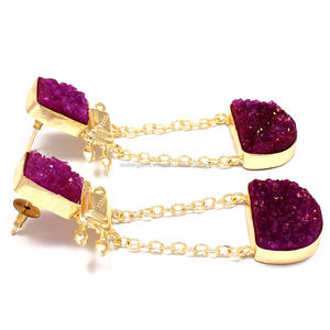 Vintage Druzy Sugar <b>Stud</b> <b>Earrings</b> Light Yellow 10K Gold Plated Nickel Free Alloy Agate Channel Set Women Gift Weddings Parties - Product Image 2