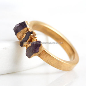 Stackable Rhodium/Gold Sterling Silver Raw Amethyst Purple Gemstone <b>Ring</b> Engagement Wedding Anniversary Party Prong Setting - Product Image 3