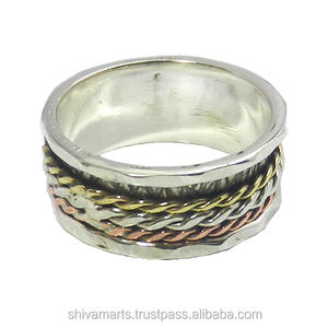 925 Sterling <b>Silver</b> Three-Tone <b>Spinner</b> <b>Ring</b> Vintage Wedding Engagement Gift Jewelry for Unisex - Product Image 2