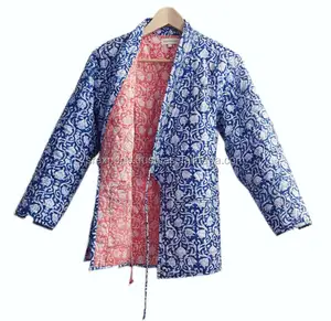 Hand Blok Gedrukt Vrouwen Dragen Jas Katoen Gewatteerde Jas Meisjes Kimono Jas Voor Dames