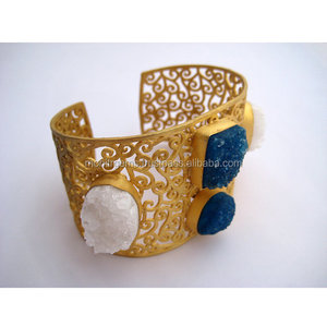 Blu scuro e Bianco Druzy Braccialetto Del Polsino con Intricati Fatti A Mano In Filigrana, Dichiarazione Della Pietra Preziosa Del Braccialetto - Product Image 1