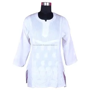 DR173 Indian Cotton Chicken Embroidered Women Tunic Dress Handmade Lucknowi Chicken White Kurti Cotton Chikankari shirt tunic