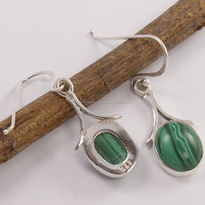 Venta directa de fábrica Joyería hecha a mano Pendientes de gota Natural Verde MALAQUITA Cabujón Piedras preciosas 925 Plata de ley pura - Product Image 2