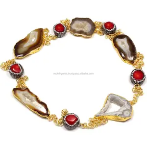 Coral Turkish Stone With Agate Slice Long Endless Jewelry Necklace