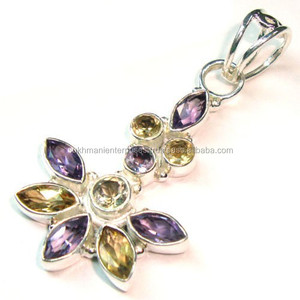 Pendentif en citrine jaune naturelle et violet en améthyste, fait à la main, en argent sterling 925 pur - Product Image 1