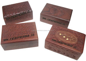 Boîte de rangement de bijoux en laiton sculpté à la main et incrusté de bois de forme rectangulaire - Product Image 4