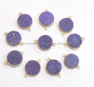 Blue <b>Titanium</b> Gemstone Findings Round Shape Gold Plated Natural Gemstone Double Bail Birthstone Boho Connector - Product Image 1