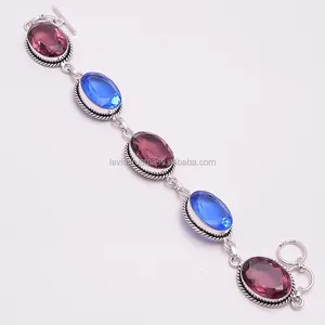 925 Sterling Silver Gemstone Bracelet, Natural Blue Topaz Garnet Quartz Gemstone Jewelry, Silver Gemstone Jewelry Supplier
