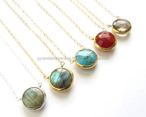 Collier avec pendentif rond en pierre précieuse, ensemble de lunette, plaqué or, argent Sterling, pendentif rond - Product Image 2