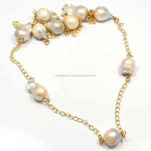 Collar de cadena de eslabones de perlas barrocas chapadas en oro de 18 quilates sin fin largo-Material de aleación Regalo de fiesta de compromiso de boda - Product Image 2